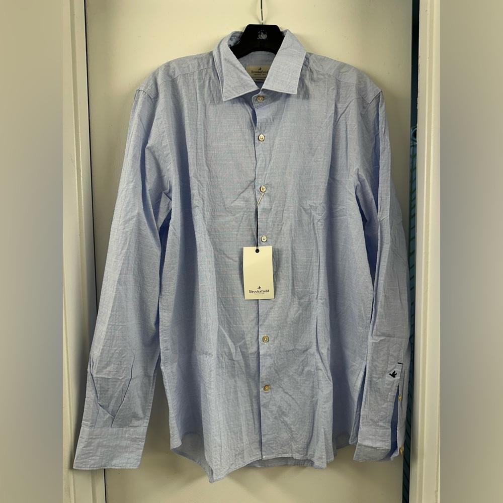 NWT Brooksfield Mens Light Blue Dress Shirt Slim Fit logo size 41 made in Italy
